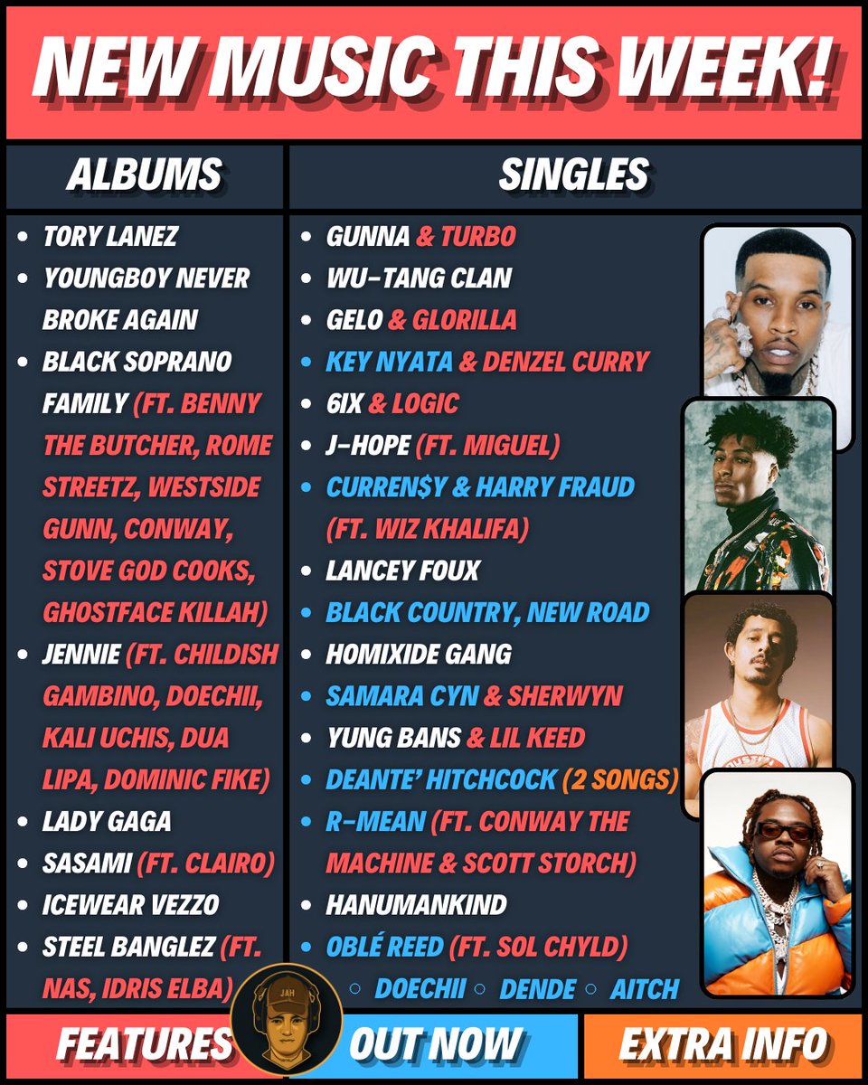 ALL THE NEW MUSIC DROPPING TONIGHT 🚨

💿 Tory Lanez
🎵 Wu-Tang Clan
💿 YoungBoy Never Broke Again
🎶 Gunna &amp; Turbo
🎵 Doechii (Out)
💿 Black Soprano Family (ft. Benny The Butcher, Westside Gunn, Conway The Machine, Rome Streetz, Stove God, Ghostface Killah)
🎶 Gelo &amp; GloRilla
🎶