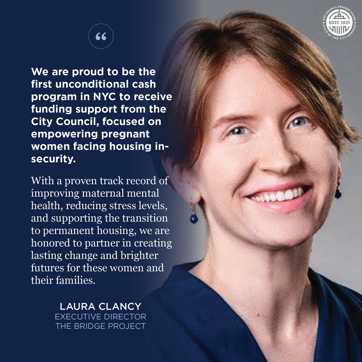 Last year, the Council partnered with <a href="/bridgeprojectny/">The Bridge Project</a> to establish a first-of-its-kind guaranteed income program for mothers experiencing housing insecurity.

Executive Director Laura Clancy highlights <a href="/NYCSpeakerAdams/">Adrienne Adams</a>’ focus on maternal health in her State of the City address