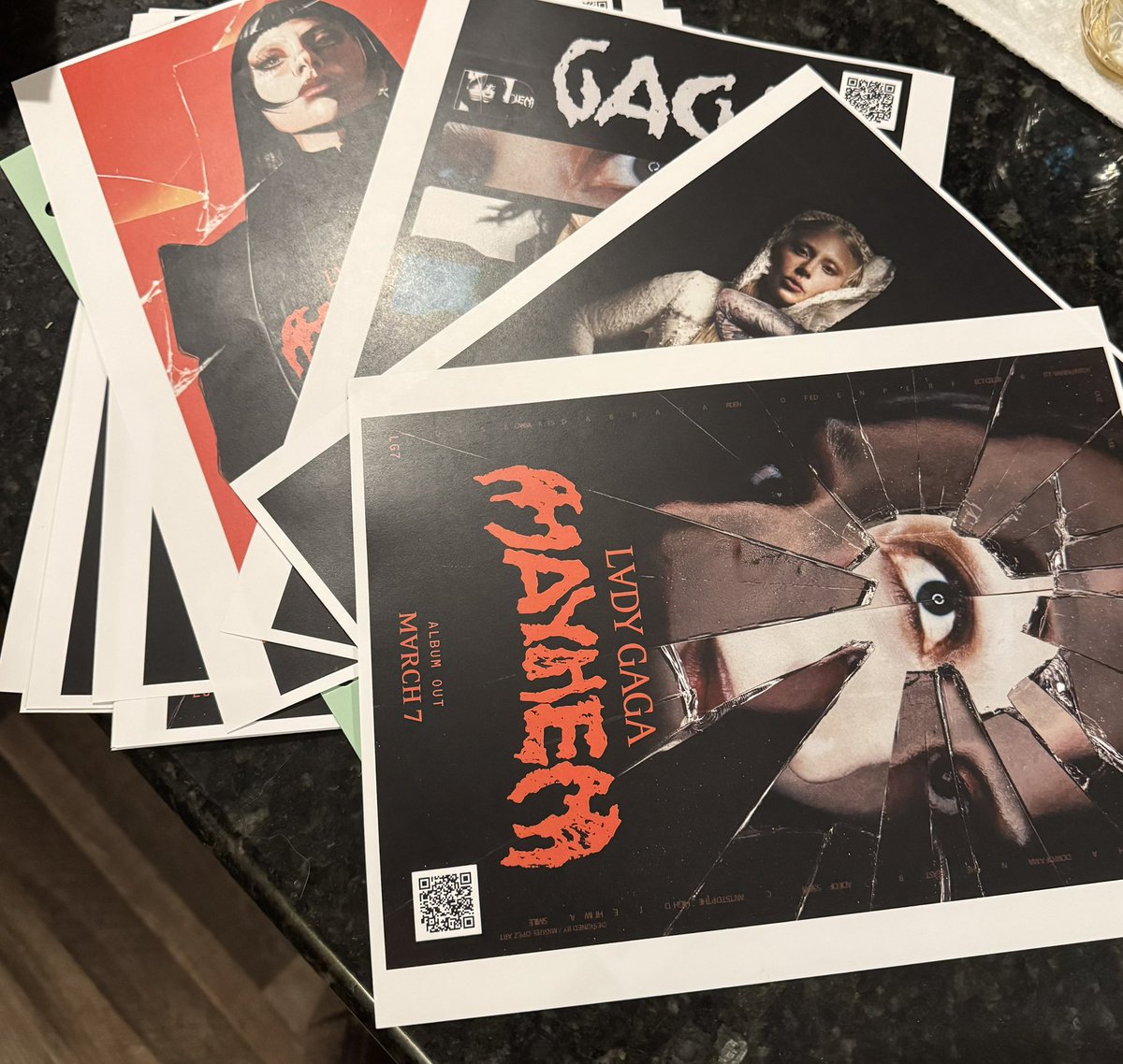 CourtneyRae512's tweet image. Got my printed copies of some of the #ProjectMAYHEM posters I love and they’re ready to go up in SoCal besties. @ladygaganownet