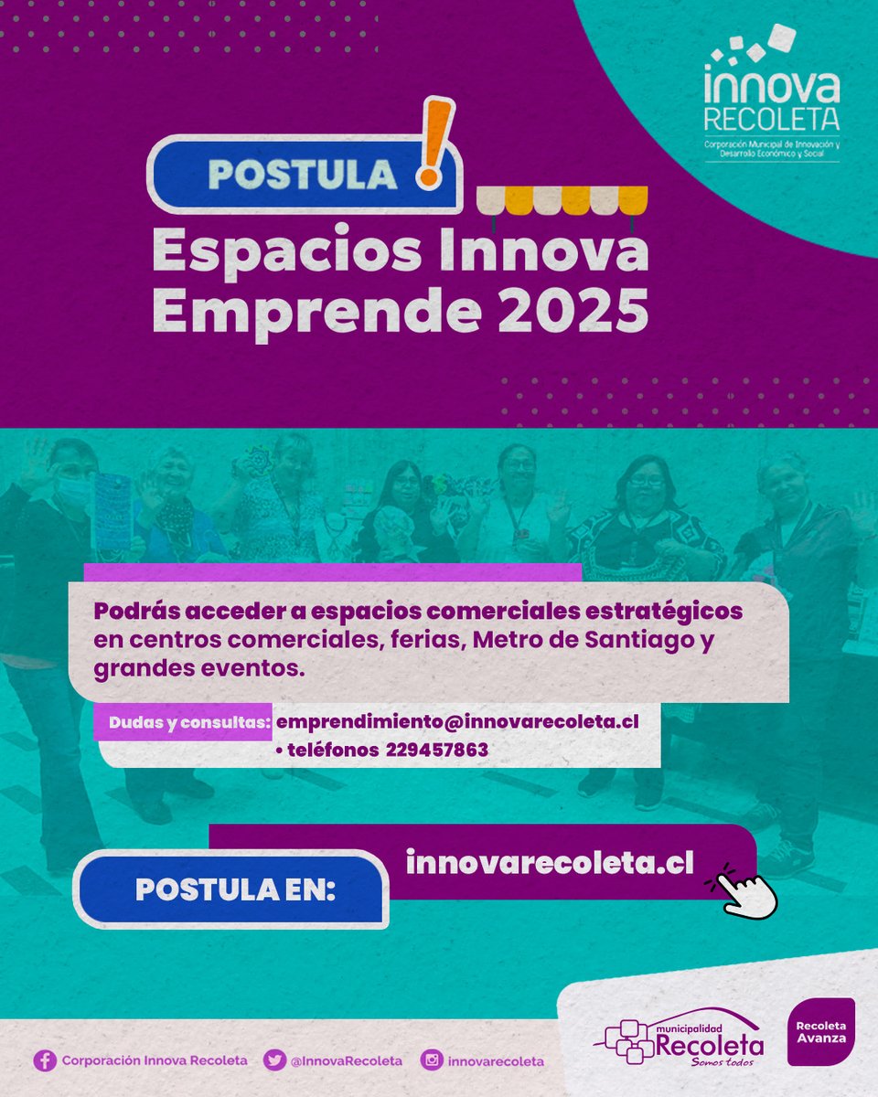 🔈Impulsa tu negocio con Espacios Comerciales Innova Recoleta. 
Postula para acceder a un espacio donde podrás aumentar tus ventas, dar visibilidad a tu marca y recibir apoyo para fortalecer tu emprendimiento. 

Postula en el link: forms.gle/qjUEBL28w21sfD…