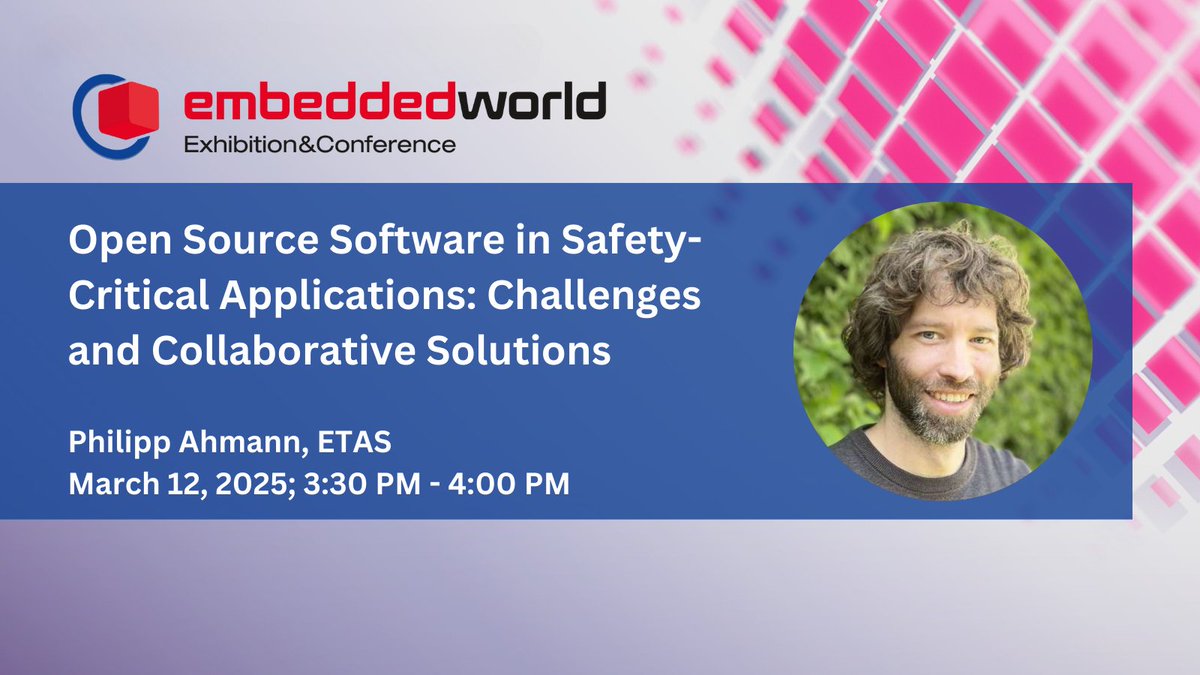 Zephyr Project (@zephyriot) on Twitter photo At #EmbeddedWorld, Philipp Ahmann (ETAS) will discuss tools, automation & traceability mechanisms that help #opensource projects like <a href="/ProjectElisa/">ELISA Project</a>, <a href="/ZephyrIoT/">Zephyr Project</a> & <a href="/xen_org/">The Xen Project</a> align with safety-critical requirements. Read: hubs.la/Q039GhSm0 <a href="/embedded_world/">embedded world</a> #ew25 #ZephyrRTOS At #EmbeddedWorld, Philipp Ahmann (ETAS) will discuss tools, automation & traceability mechanisms that help #opensource projects like <a href="/ProjectElisa/">ELISA Project</a>, <a href="/ZephyrIoT/">Zephyr Project</a> & <a href="/xen_org/">The Xen Project</a> align with safety-critical requirements. Read: hubs.la/Q039GhSm0 <a href="/embedded_world/">embedded world</a> #ew25 #ZephyrRTOS