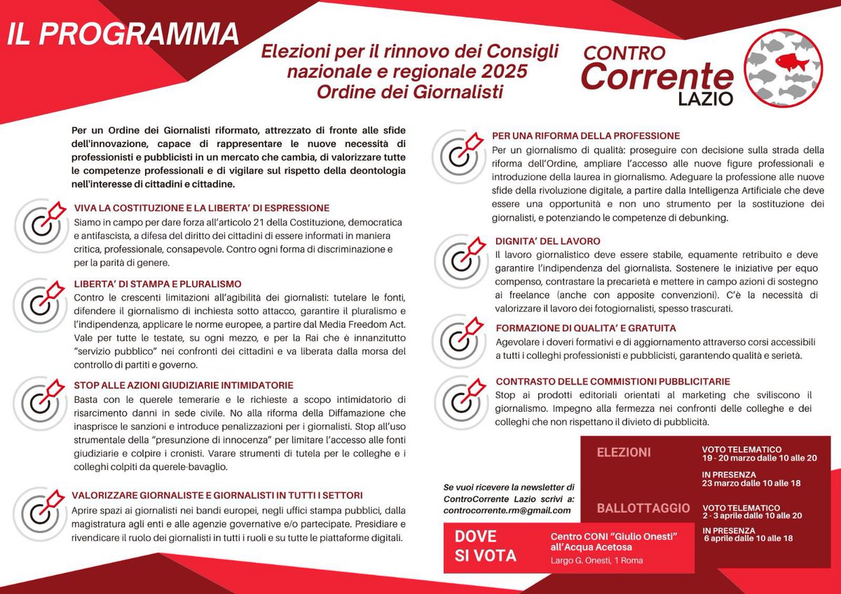 Controcorr's tweet image. 🔴ControCorrente Lazio: ecco il nostro programma per un Ordine dei Giornalisti riformato, attrezzato di fronte alle sfide dell’innovazione, capace di rappresentare le nuove necessità di professionisti e pubblicisti in un mercato che cambia
