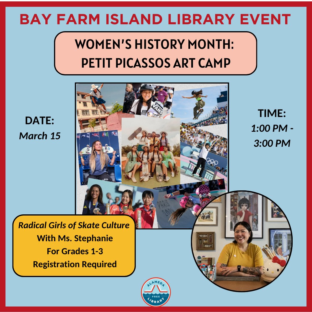 Don't miss this great opportunity to attend one of Ms. Stephanie's magical art camps! The event takes place at the Bay Farm Island Library on Saturday, March 15th at 1:00pm. Open to grades 1-3. Call the Bay Farm Island Library at (510) 747-7787 to register.