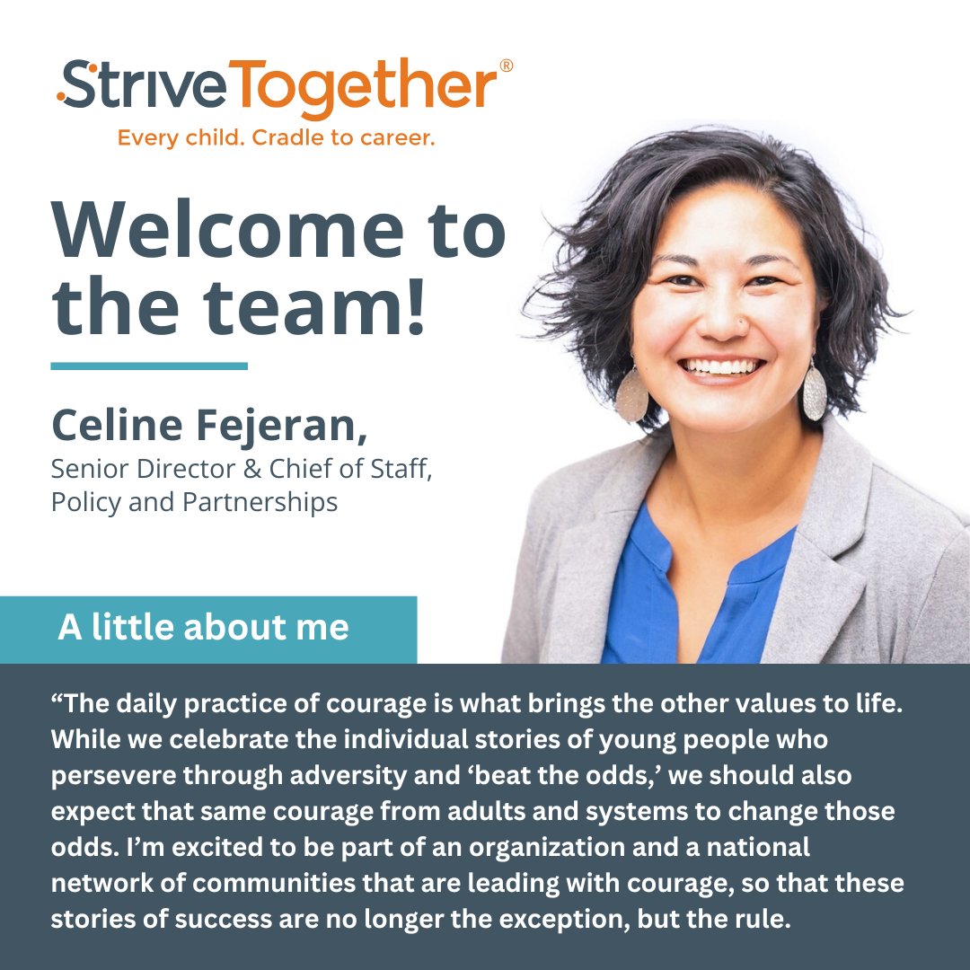We're excited to welcome Celine Fejeran to the StriveTogether team! In her role, she is responsible for developing and executing StriveTogether’s policy strategies. Welcome, Celine! Learn more about her work and role here: hubs.li/Q039KW9G0