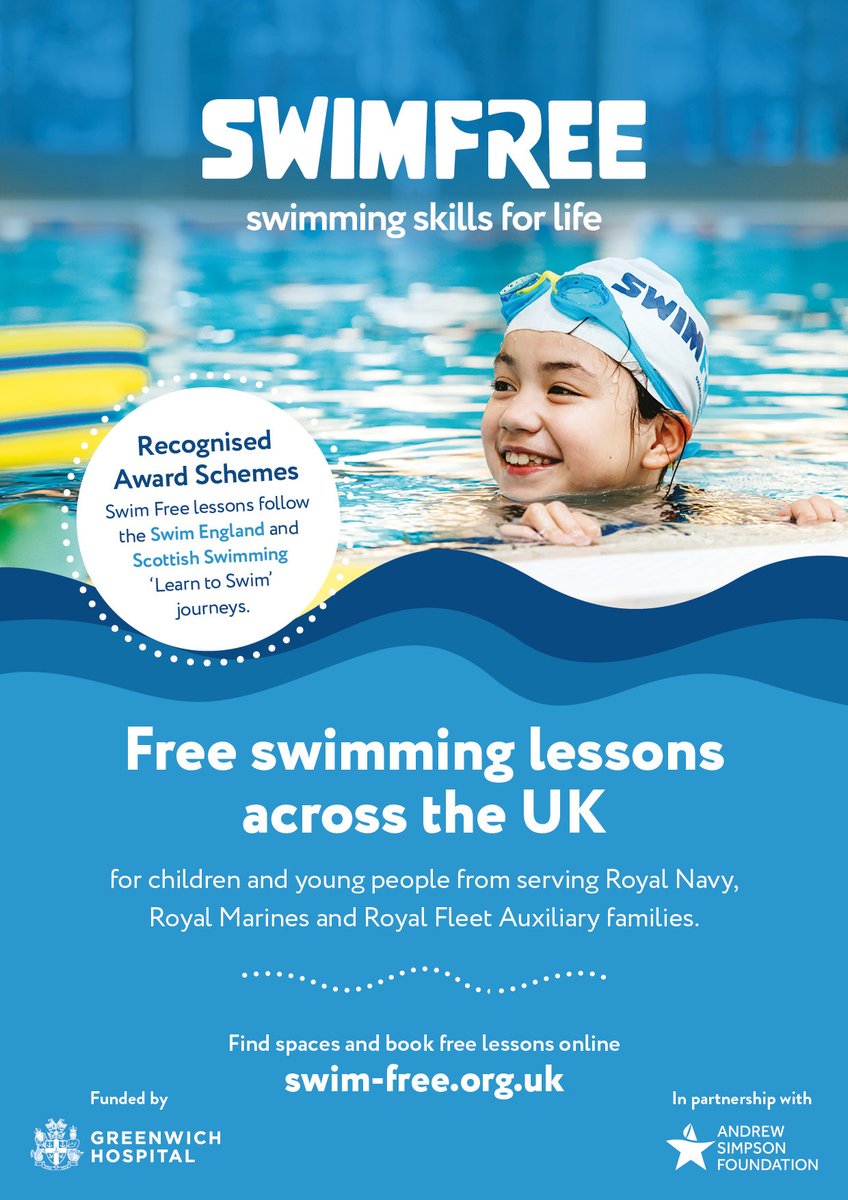 Greenwich_Hosp's tweet image. Get in on the Swim Free action! 🏊🏊♂️
Our partners, the @AndrewSimpsonFo delivered 330 free swimming lessons at 5 locations for the families of serving @RoyalNavy personnel this week.
Book here: swim-free.org.uk