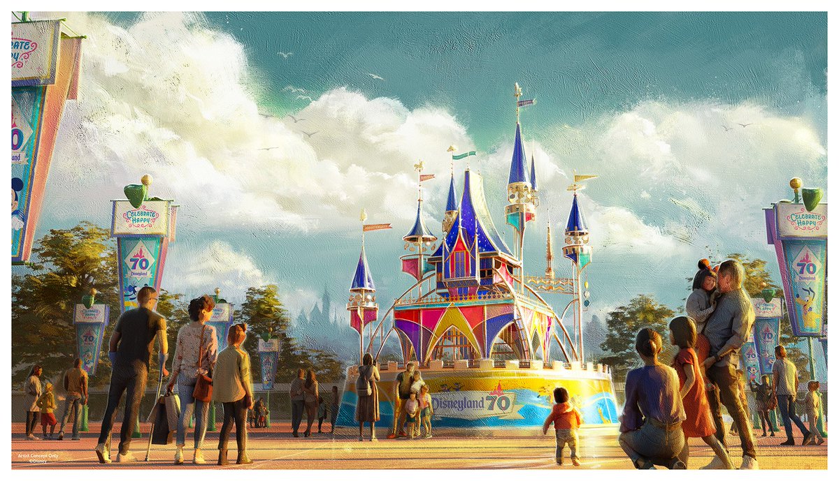 DrewDisneyDude's tweet photo. THE DISNEYLAND 70 DECOR LOOKS STUNNING! There will be a 50-foot sculpture inspired by Sleeping Beauty Castle in the esplanade between Disneyland and Disney California Adventure. https://t.co/BknAXWBe1y