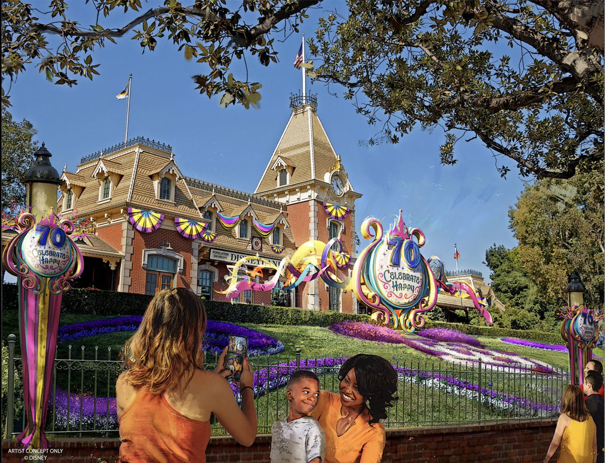 DrewDisneyDude's tweet photo. THE DISNEYLAND 70 DECOR LOOKS STUNNING! There will be a 50-foot sculpture inspired by Sleeping Beauty Castle in the esplanade between Disneyland and Disney California Adventure. https://t.co/BknAXWBe1y