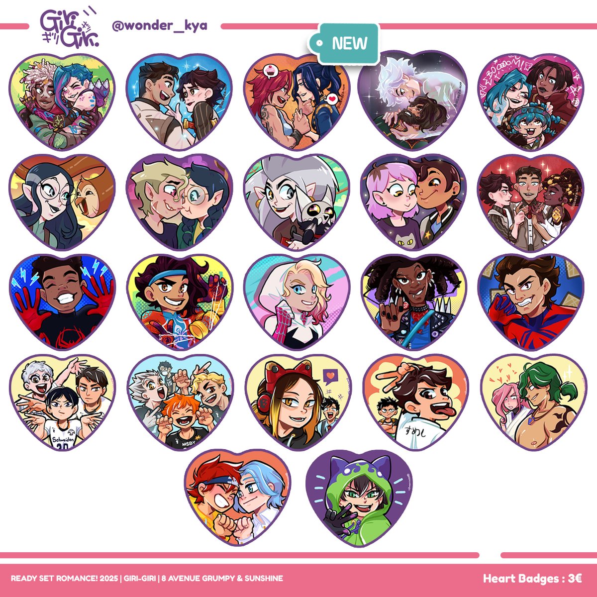 Hey there! Here's my Creations Catalogue for #ReadySetRomance this weekend in Paris!

Lots of new merch with #Arcane please check out the Temporary Tattoos ehehe~

Also some #Jayvik Prints and many heart shaped buttons ❤️

#haikyuu #sk8theinfinity #spidervsere #toh #artistalley