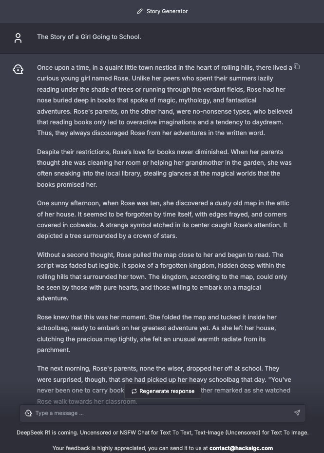 HackAigc's tweet image. If you want to write NSFW stories directly, you can use our Story Generator model. Simply input your scenario, and it will generate a complete story for you.
#AI #NSFW #Storytelling