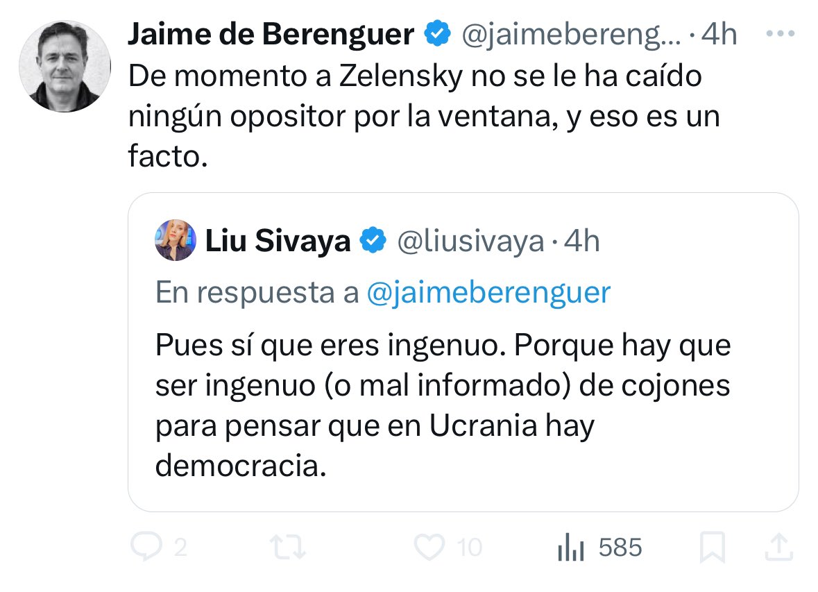 Los pro-Zelensky y su visión (distorsionada) de la democracia. Ejemplo gráfico👇🏻

Le digo a un señor que en Ucrania no hay democracia (un hecho). Me bloquea, oculta mi respuesta y encima se pone a responderme sin opción a réplica.

Y luego esa gente nos da lecciones de libertad…