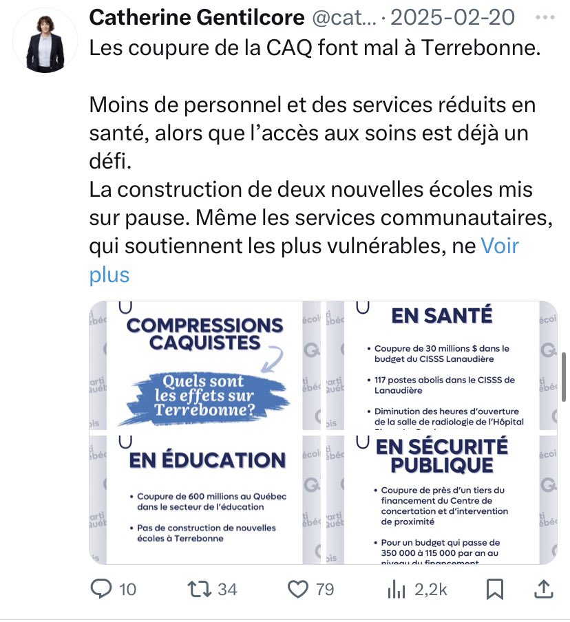 Il y a deux semaines, la candidate du PQ dans Terrebonne criait aux « coupures ».

Aujourd’hui, le PQ accuse la CAQ de trop dépenser!!

Dur à suivre! 😵‍💫😵‍💫