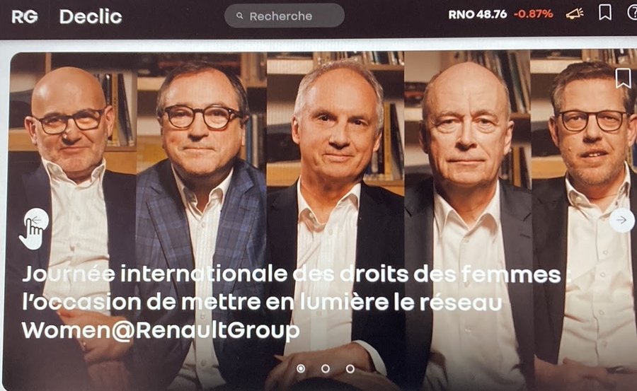 Groupe Renault, communication interne : "journée internationale des droits des femmes l'occasion de mettre en lumière le réseau women Renault groupe ! (5 hommes blancs de plus de 50 ans pour illustrer ce titre 👌)