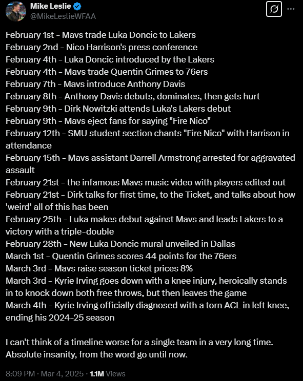 When asked about the future, Harrison said:

"The future to me is 3-4 years from now. They'll probably bury me and Jason Kidd by then. Or we'll bury ourselves."

Did he say the quiet part out loud? Look at this timeline per <a href="/MikeLeslieWFAA/">Mike Leslie</a>

Dallas' justification was damning: