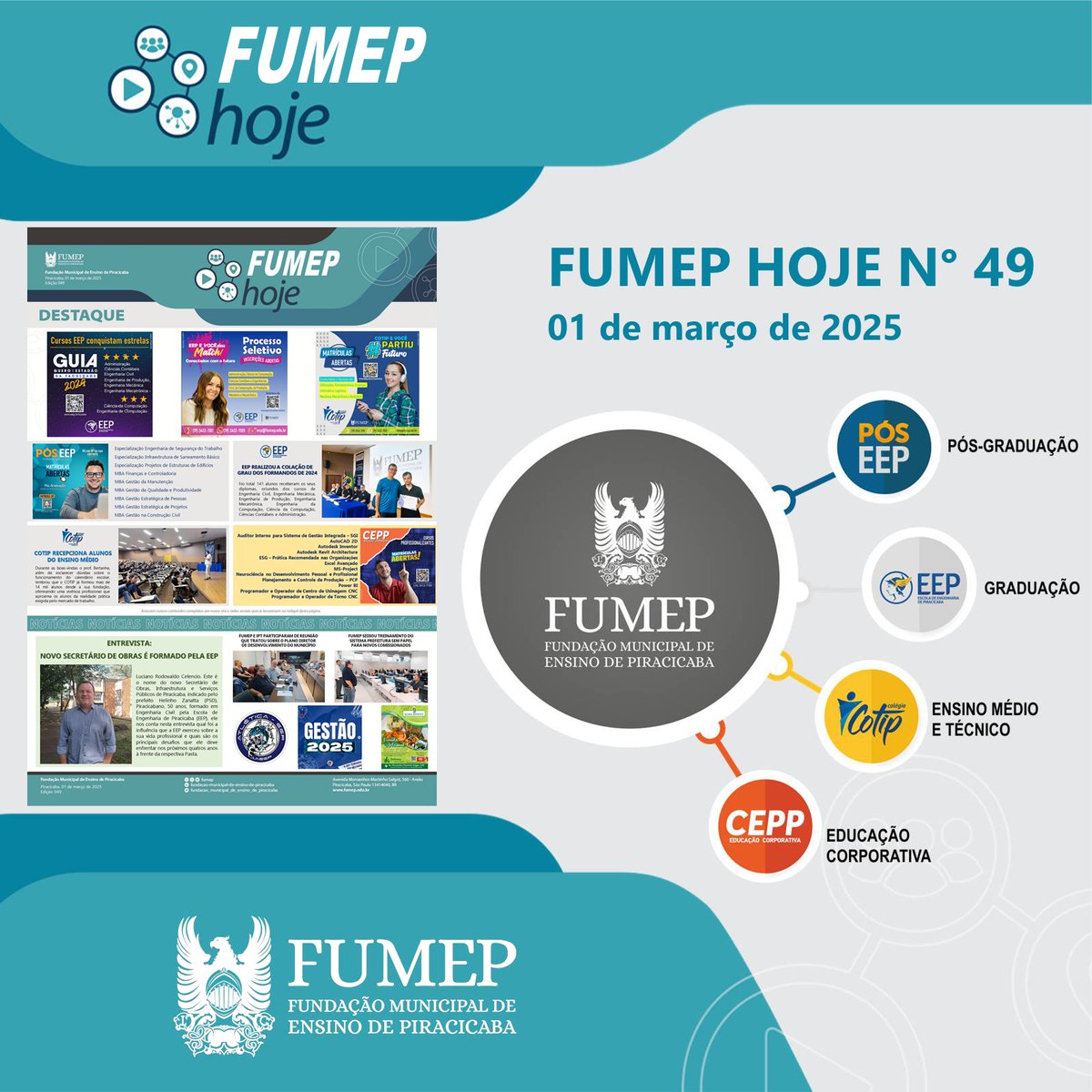 FUMEP's tweet photo. JORNAL FUMEP HOJE - 49ª Edição
Acesse a última edição: https://t.co/R5GoAycbGF
Edições anteriores: https://t.co/kSbgAg0R0F
#fumep #eep #cotip #cepp #póseep #jornalfumephoje #fumephoje https://t.co/C2VFBcnY6b