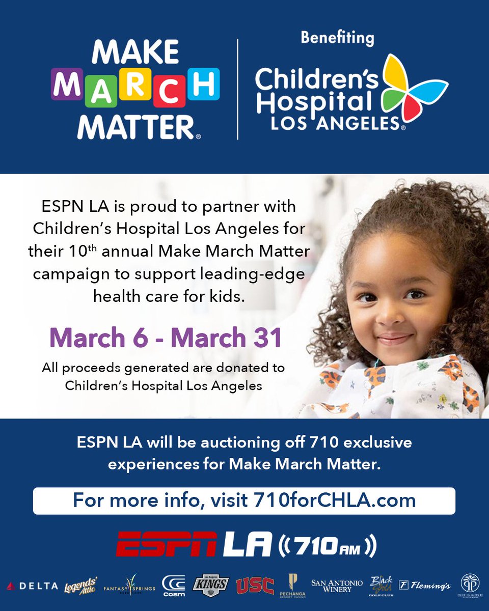 ESPN Los Angeles (@espnlosangeles) on Twitter photo Join us and <a href="/ChildrensLA/">Children's Hospital LA</a> for the #MakeMarchMatter campaign to help provide breakthrough health care for kids.
Bid on exclusive ESPN LA experiences today ➡️ 710forCHLA.com Join us and <a href="/ChildrensLA/">Children's Hospital LA</a> for the #MakeMarchMatter campaign to help provide breakthrough health care for kids.
Bid on exclusive ESPN LA experiences today ➡️ 710forCHLA.com