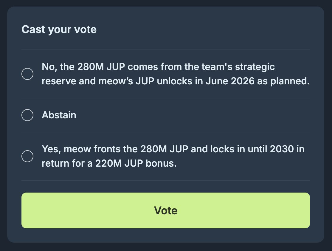 The "Meow's 2030 Lock-in" vote is LIVE!!!

Proceed to vote.jup.ag and cast your vote!