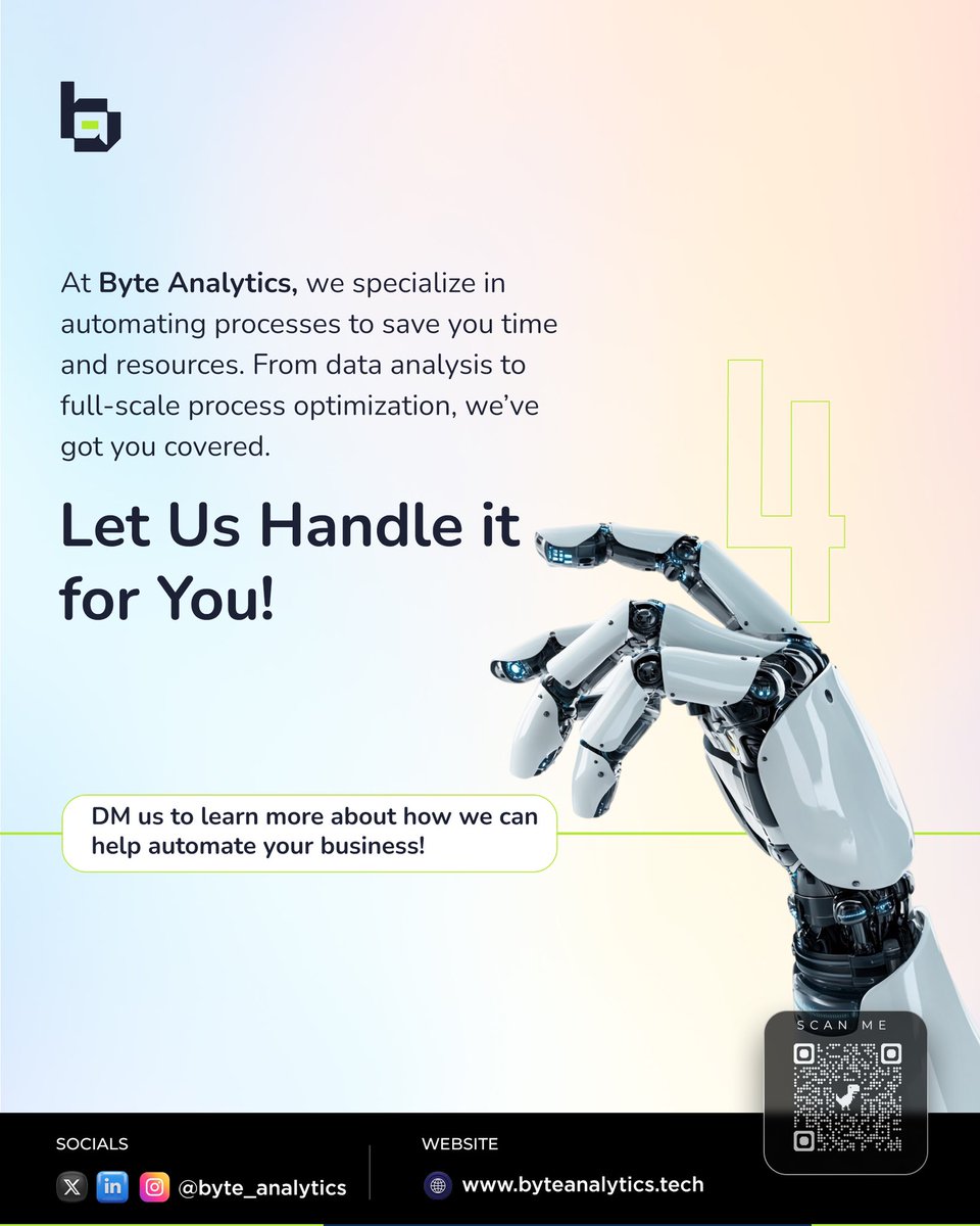 ByteAnalytics_'s tweet image. Automation is the future of business! Streamline your processes, save time, and focus on what truly matters.
💡 Not sure where to start? At Byte Analytics, we provide custom automation solutions tailored to your needs.
#BusinessAutomation #ByteAnalytics #DataSolution #Efficiency