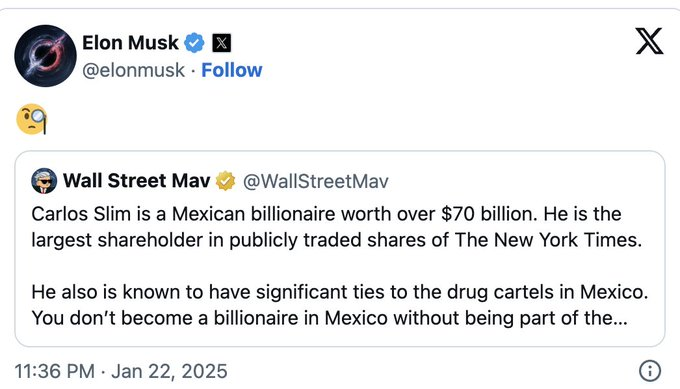 YourAnonCentral's tweet photo. Musk has lost $22 billion and contracts across 25+ countries over a single tweet, by an unemployed used cars salesman now scammer living in Alberta, Canada. It accused his business partner, Carlos Slim, of being involved with the Mexican cartels. https://t.co/MvaiOIdnma