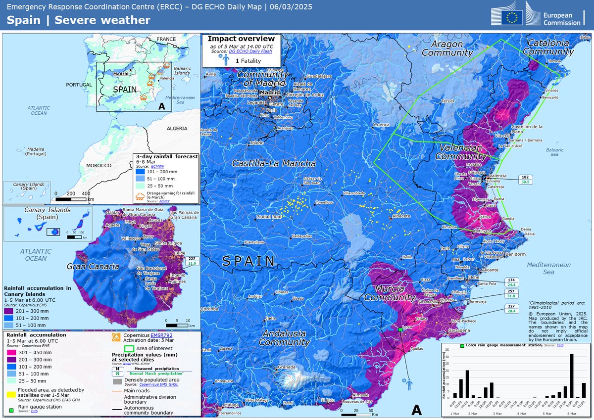 🗺️ Mapped: Spain, severe weather. 

Our EU Emergency Response Coordination Centre is in contact with Spanish authorities and monitoring the situation 24/7.