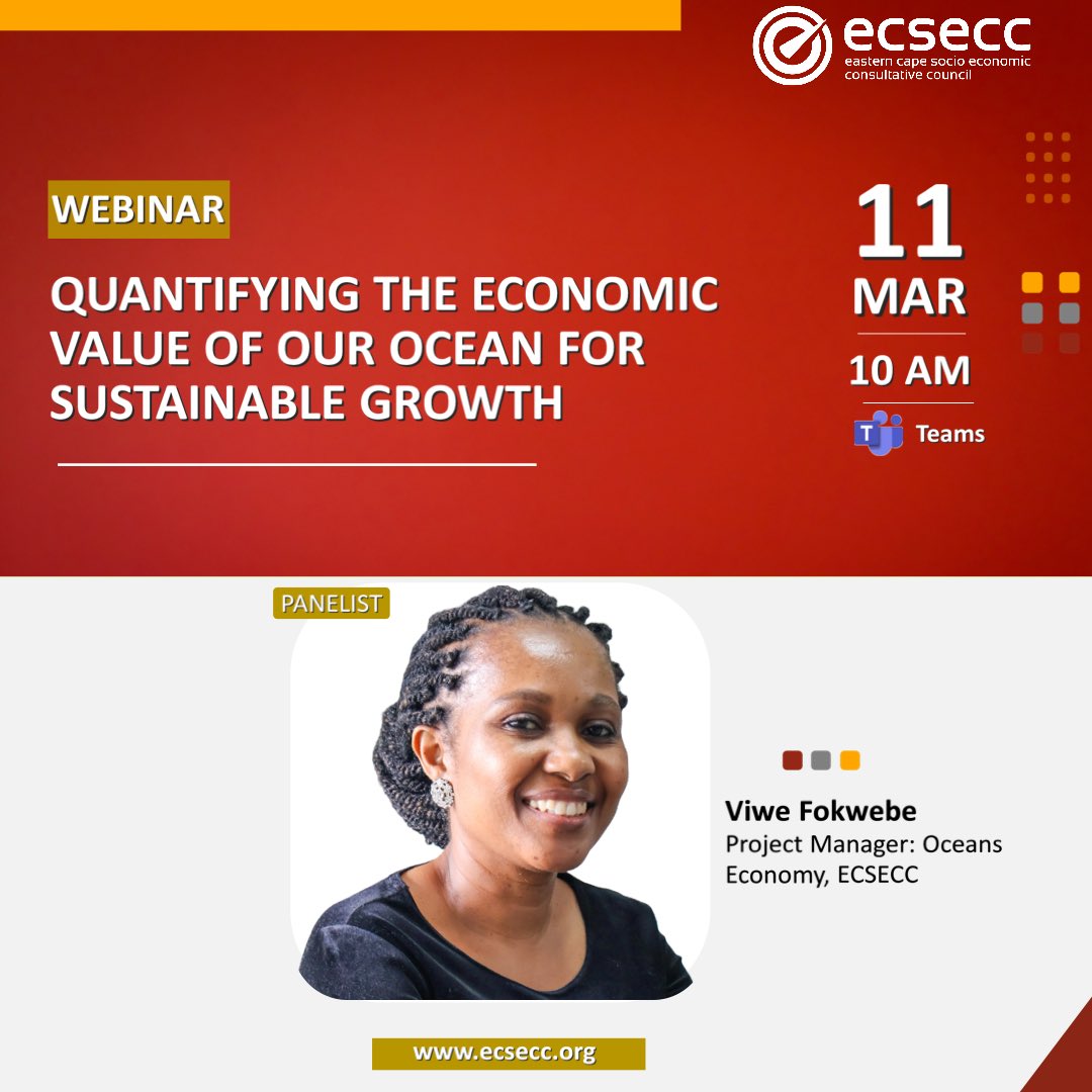 🌊 Ocean Economy Webinar Announcement! 🌊 

We are excited to announce Viwe Fokwebe, Project Manager: Oceans Economy at ECSECC, as a speaker for our upcoming webinar on “Quantifying the Economic Value of Our Ocean for Sustainable Growth”
Register here: docs.google.com/forms/d/e/1FAI…