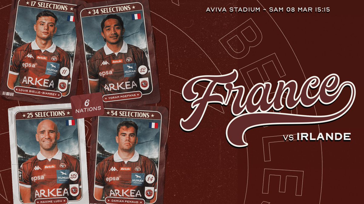 𝟔 𝑵𝒂𝒕𝒊𝒐𝒏𝒔 🇫🇷

L'équipe de @francerugby
 est une nouvelle fois en déplacement ce week-end et cette fois-ci en Irlande pour le @sixnationsrugby🇮🇪

Louis Bielle-Biarrey, Maxime Lucu, Yoram Moefana et Damian Penaud porteront les couleurs des Bleus pour ce match de grande
