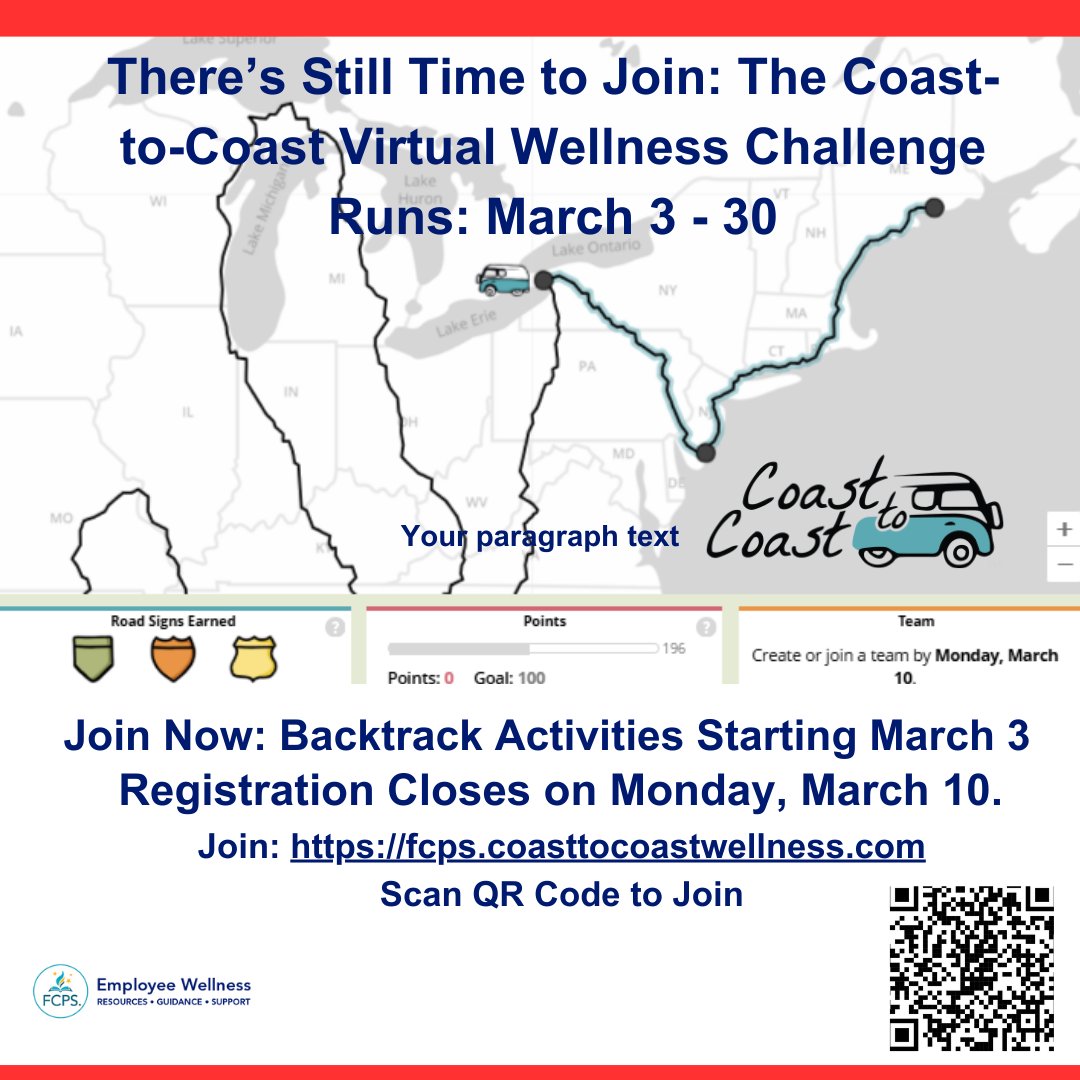 FCPS Employee Wellness (@fcpswellness) on Twitter photo March 6
There's Still Time - Join Now: fcps.coasttocoastwellness.com
Backtrack Activities Starting March 3.
Watch the video to learn more: tinyurl.com/2s4f3hdp
Don't miss out on the adventure!
<a href="/FCPSWellness/">FCPS Employee Wellness</a>
#CoasttoCoastChallenge #LetsGoFCPS March 6
There's Still Time - Join Now: fcps.coasttocoastwellness.com
Backtrack Activities Starting March 3.
Watch the video to learn more: tinyurl.com/2s4f3hdp
Don't miss out on the adventure!
<a href="/FCPSWellness/">FCPS Employee Wellness</a>
#CoasttoCoastChallenge #LetsGoFCPS