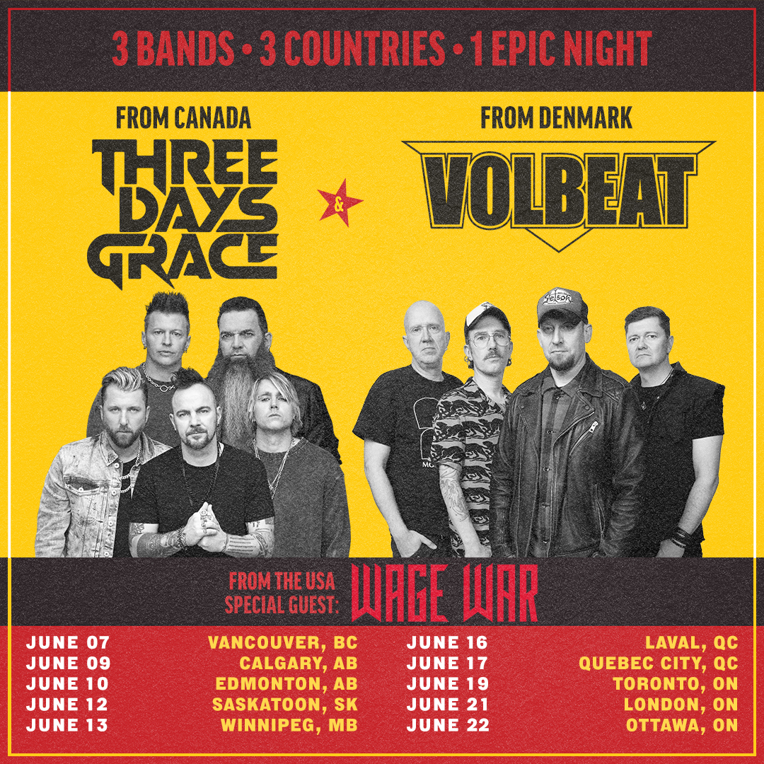 threedaysgrace's tweet image. Canada! We're hitting the road with @Volbeat for a co-headline tour this June, along with special guest @WageWar!

Our fan pre-sale is this Mon, March 10th. Tap SIGN UP next to your city to get the code 🤘 threedaysgrace.com/events 
 
All details here: threedaysgrace.com/canada-co-head…