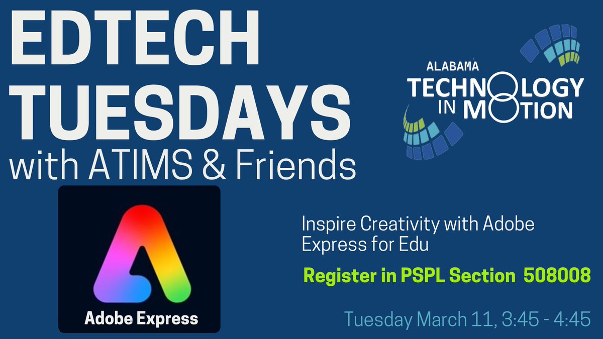 Pernell Allen (@uab_atim) on Twitter photo Join us for EdTech Tuesday with ATIMS and Friends as <a href="/AngieC_atim/">Angela Clark</a> inspires creativity with <a href="/AdobeExpress/">Adobe Express</a>
📅 Tuesday, March 11
⏰ 3:45 – 4:45 PM
📍 Register: PSPL 508008
Don't miss out on this creative journey! #EdTechTuesday <a href="/AlabamaAchieves/">Alabama State Department of Education</a> <a href="/ALSDEEdTech/">ALSDE Educational Technology</a> <a href="/CS4Alabama/">CS4Alabama</a> <a href="/ATIMPD02/">ATIMPD!</a> Join us for EdTech Tuesday with ATIMS and Friends as <a href="/AngieC_atim/">Angela Clark</a> inspires creativity with <a href="/AdobeExpress/">Adobe Express</a>
📅 Tuesday, March 11
⏰ 3:45 – 4:45 PM
📍 Register: PSPL 508008
Don't miss out on this creative journey! #EdTechTuesday <a href="/AlabamaAchieves/">Alabama State Department of Education</a> <a href="/ALSDEEdTech/">ALSDE Educational Technology</a> <a href="/CS4Alabama/">CS4Alabama</a> <a href="/ATIMPD02/">ATIMPD!</a>