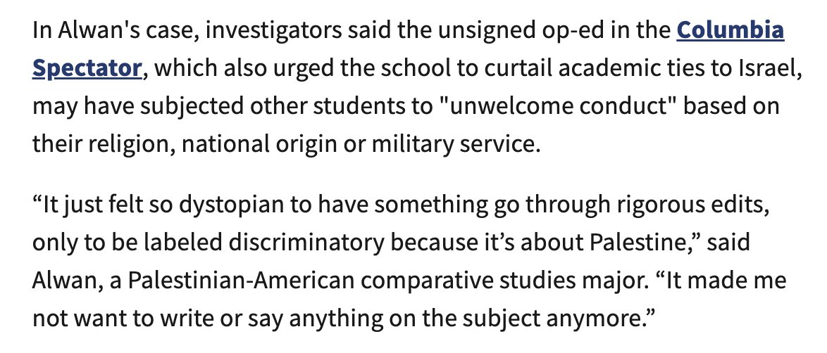 jangelooff's tweet image. A new office at Columbia is investigating dozens of students for speech critical of Israel. One Palestinian student recently got a notice accusing her of "discriminatory harassment." Her alleged offense: writing a pro-divestment op-ed in the student paper
apnews.com/article/columb…