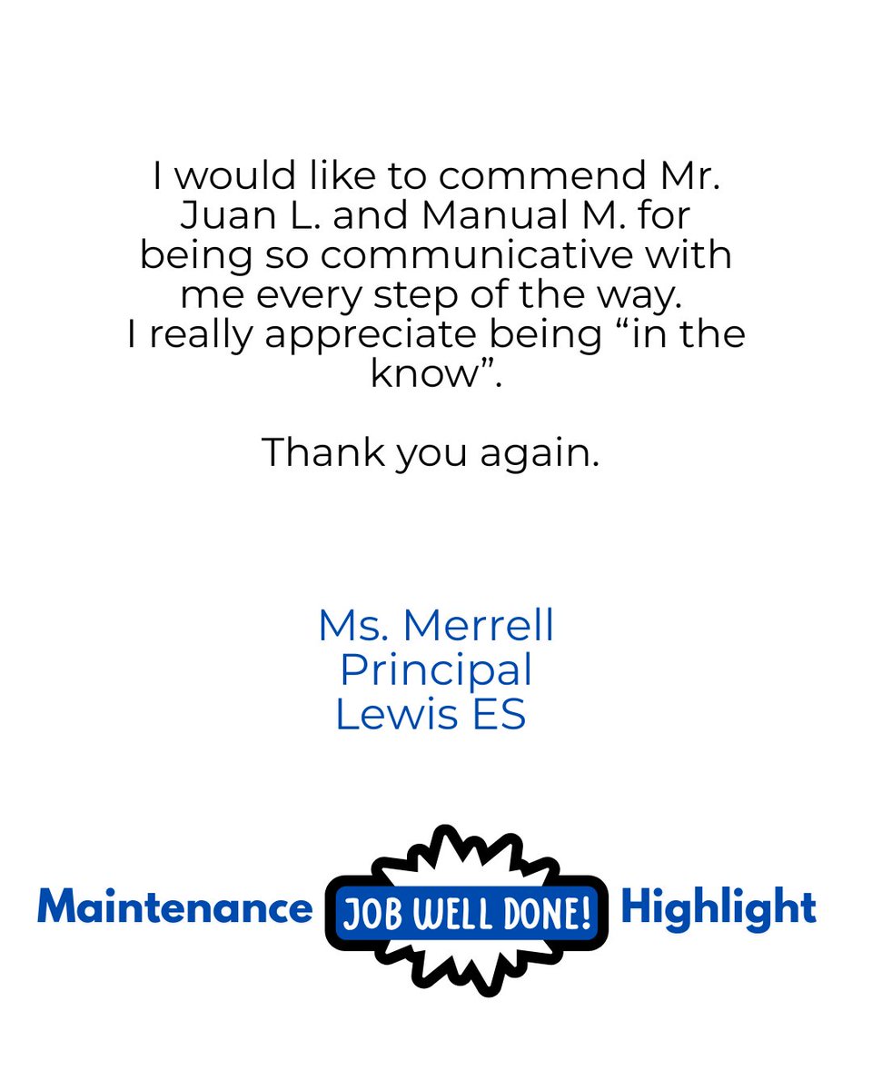 Thank you Ms. Merrell for the kind words on our #nisdmaintenance electronics team members, Juan L. &amp; Manual M. 
We are happy to hear that communication played a key part in keeping you in the know. 
#teamnorthside #northsideisd