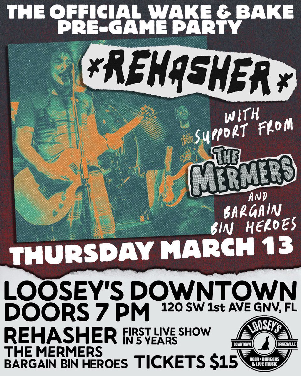 ONE WEEK AWAY! Come kick off the <a href="/LessThanJake/">Less Than Jake</a> Wake &amp; Bake Weekend w/ <a href="/rehashertheband/">Rehasher</a> The Mermers &amp; <a href="/BargainBinHero/">Bargain Bin Heroes</a> ! Thanks to <a href="/LooseysPub/">Looseys Pub</a> for kicking things off with us! We can’t wait to see everyone. Support live music! Support local music! Tix: eventbrite.com/e/rehasher-wit…