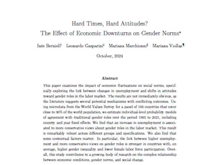 📣 ¡Nuevo documento de trabajo del CEDLAS!
¿Cómo afectan las recesiones económicas a las normas de género? 📉🚻
Un estudio de <a href="/InesBerniell/">Inés Berniell</a>, Leo Gasparini, <a href="/marumarchionni/">Mariana Marchionni</a> y <a href="/ViollazMariana/">Mariana Viollaz</a>
explora esta pregunta usando datos de 103 países.
🧵👇