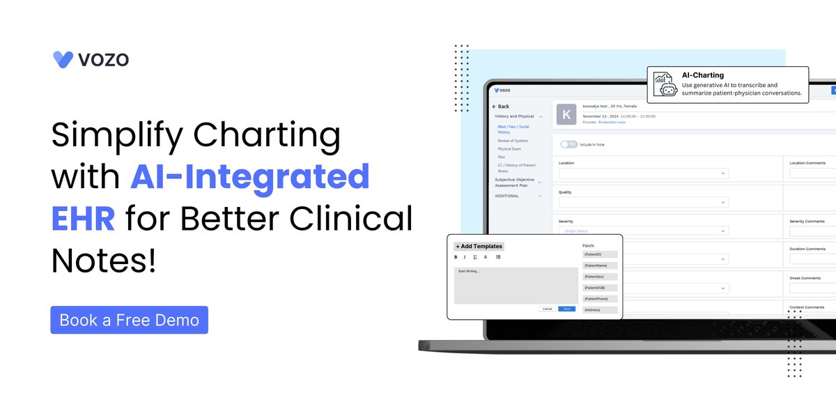 vozo_ehr's tweet image. Spend less time on documentation &amp;amp; more on patient care! Vozo EHR’s AI-powered charting automates medical documentation, cutting time by 50%. 

Try our 14-day free trial! vozohealth.com/pricing

#AICharting #EHRSoftware #AIIntegratedEHR #HealthcareTech #DigitalHealth