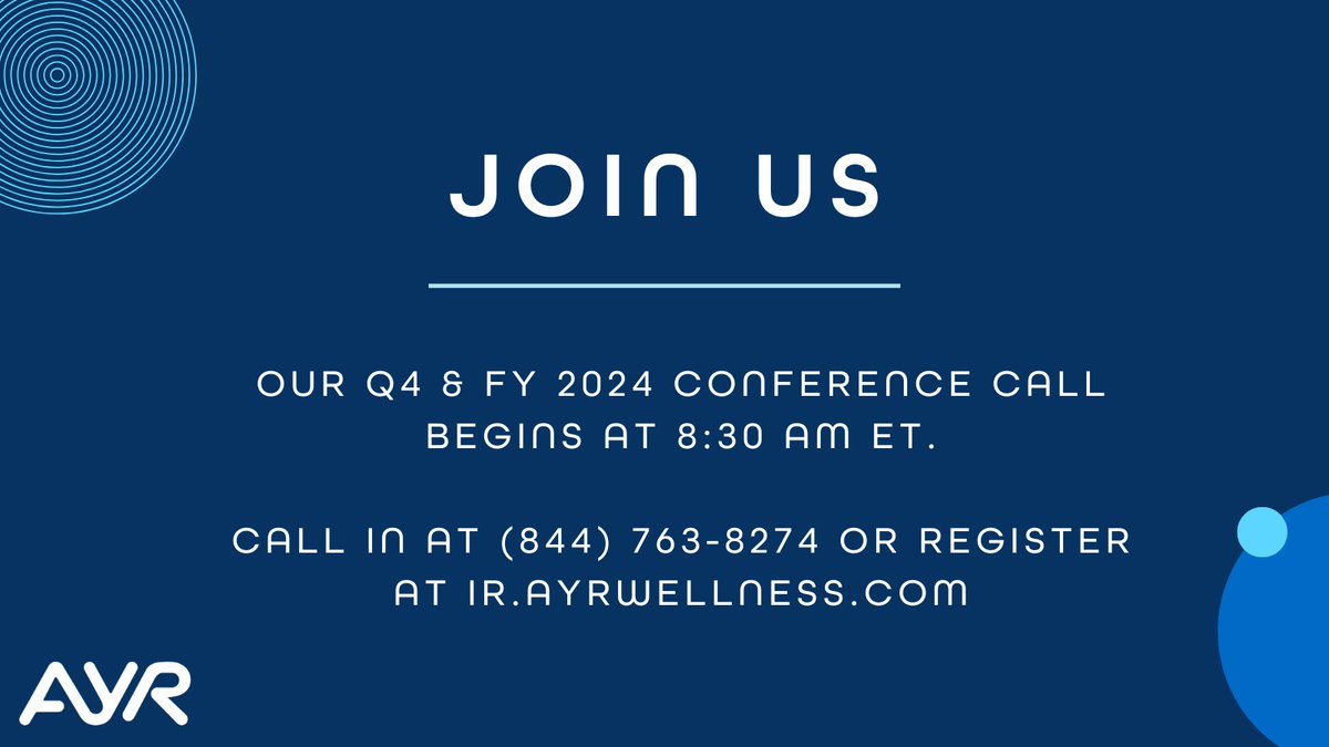 Our Q4 &amp; FY 2024 conference call starts in 10 minutes! To dial-in, use the conference call details below. ir.ayrwellness.com/news-events/pr… $AYRWF $AYR.A