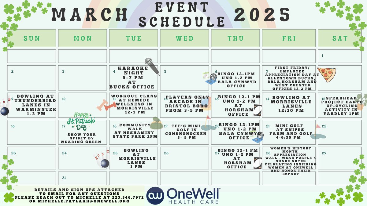 OneWellHealth's tweet image. 🌟 March is here, and so are exciting in-office activities at PA OneWell! 🎉

📅 Check out the calendar and join in on the fun! Have more activity ideas? Share them with us at marketing@OneWell.org.

#OneWellHealthCare #MarchMadness #WomensHistoryMonth #EmployeeAppreciationDay