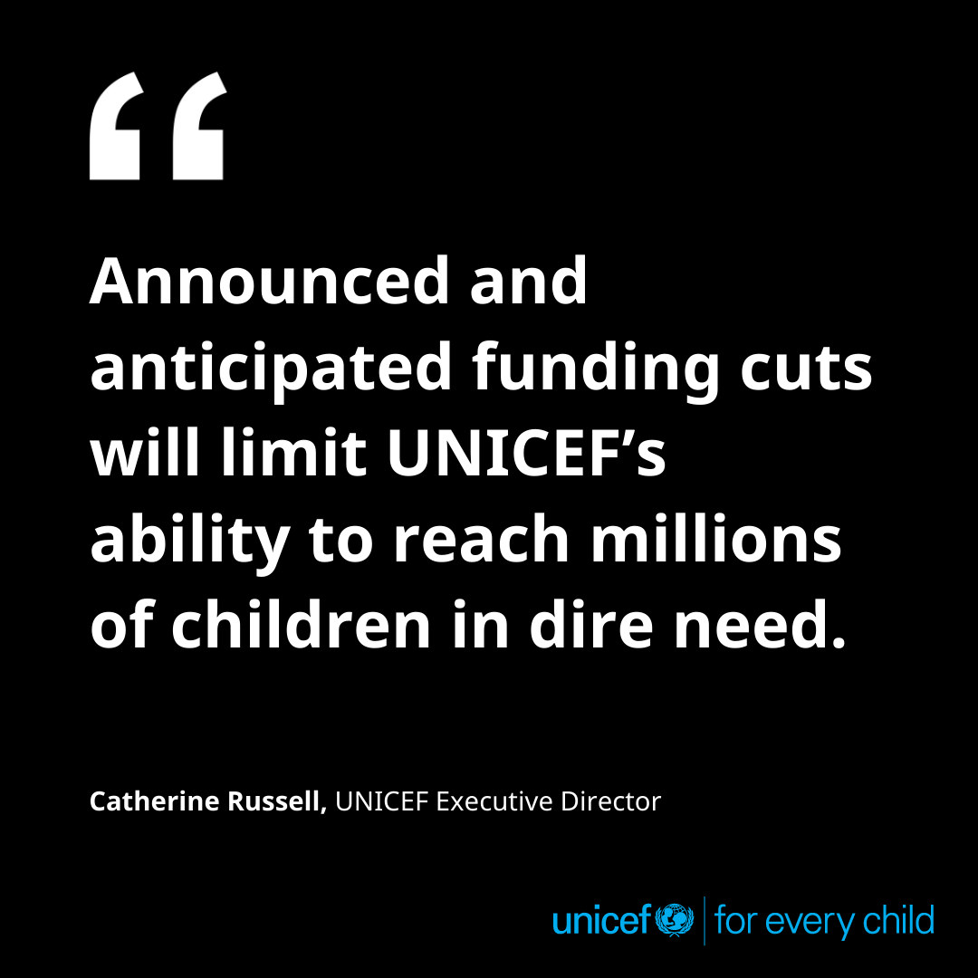 UNICEF (@unicef) on Twitter photo “UNICEF implores all donors to continue to fund critical aid programs for the world’s children. We cannot fail them now.” <a href="/unicefchief/">Catherine Russell</a> on global foreign aid reductions.
Read her statement: unicef.link/4kpEnqh “UNICEF implores all donors to continue to fund critical aid programs for the world’s children. We cannot fail them now.” <a href="/unicefchief/">Catherine Russell</a> on global foreign aid reductions.
Read her statement: unicef.link/4kpEnqh