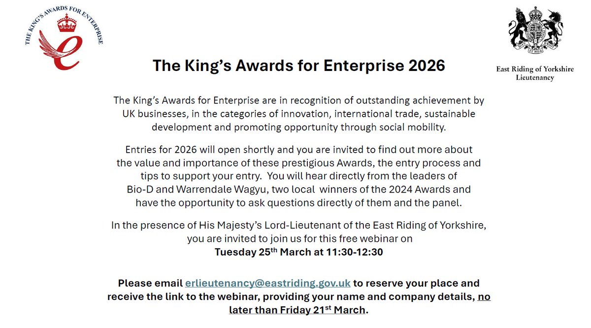 East Riding Lieutenancy (@erlieutenancy) on Twitter photo Join #ERLieutenancy for a webinar on Tuesday 25 March 2025 at 11.30am to learn more about the prestigious <a href="/TheKingsAwards/">The King's Awards</a> - hear from 2024 winners <a href="/thebiodcompany/">The Bio-D Company</a> and <a href="/Wdale_WagyuLtd/">Warrendale Wagyu Ltd.</a> - to register see details below. Join #ERLieutenancy for a webinar on Tuesday 25 March 2025 at 11.30am to learn more about the prestigious <a href="/TheKingsAwards/">The King's Awards</a> - hear from 2024 winners <a href="/thebiodcompany/">The Bio-D Company</a> and <a href="/Wdale_WagyuLtd/">Warrendale Wagyu Ltd.</a> - to register see details below.