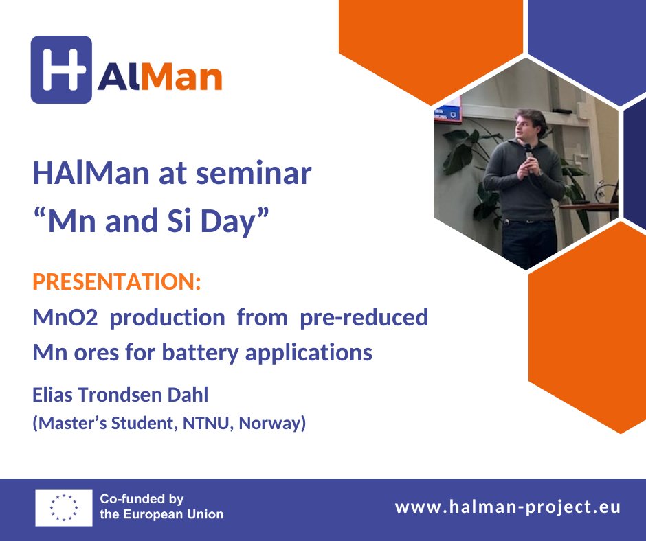 During the "Mn og Si Dag" seminar at #NTNU (February 20-21, 2025), Elias Trondsen Dahl (Master’s student, NTNU) presented his research on "MnO₂ production from pre-reduced Mn ores for battery applications."