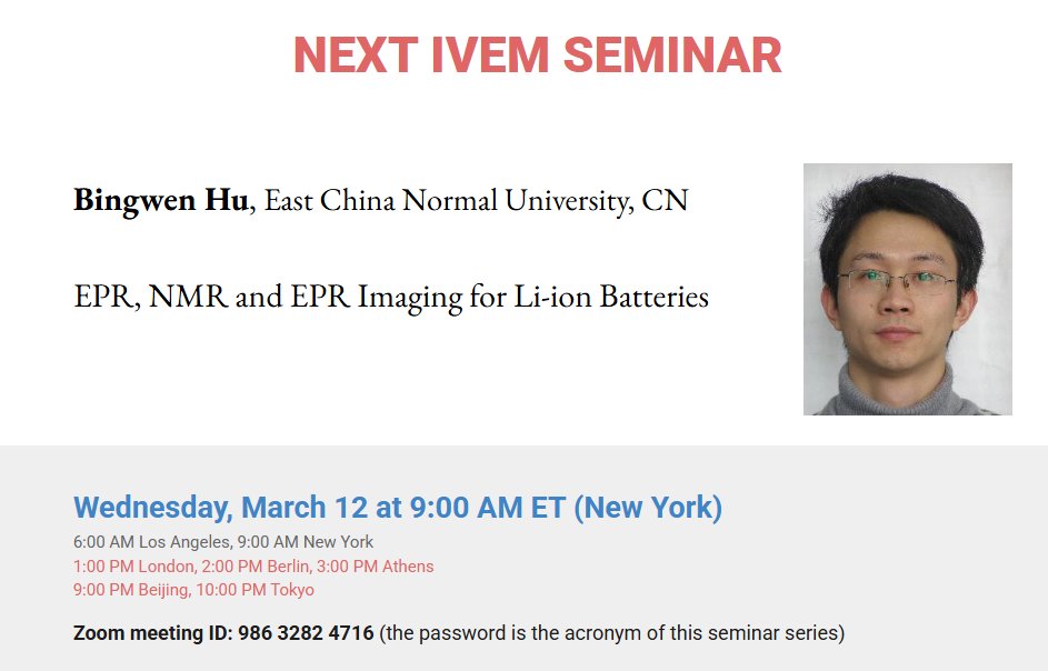 IVEM_meeting (@ivem_meeting) on Twitter photo Donāt miss our next #IVEM seminar on Wed, March 12 at 9 AM ET! Bingwen Hu (ECNU) will present āEPR, NMR & EPR Imaging for Li-ion Batteriesā. Keep in mind America shift to Daylight Saving Time but not elsewhere! <a href="/PEPR_Facility/">Centre for Pulse EPR Spectroscopy (PEPR)</a> <a href="/european_epr/">European Federation of EPR groups (EFEPR)</a> <a href="/EPR_ESR/">International EPR Society</a> <a href="/nmr900/">Magnetic Resonance News</a> <a href="/RSC_ESR/">RSC_ESR</a> Donāt miss our next #IVEM seminar on Wed, March 12 at 9 AM ET! Bingwen Hu (ECNU) will present āEPR, NMR & EPR Imaging for Li-ion Batteriesā. Keep in mind America shift to Daylight Saving Time but not elsewhere! <a href="/PEPR_Facility/">Centre for Pulse EPR Spectroscopy (PEPR)</a> <a href="/european_epr/">European Federation of EPR groups (EFEPR)</a> <a href="/EPR_ESR/">International EPR Society</a> <a href="/nmr900/">Magnetic Resonance News</a> <a href="/RSC_ESR/">RSC_ESR</a>