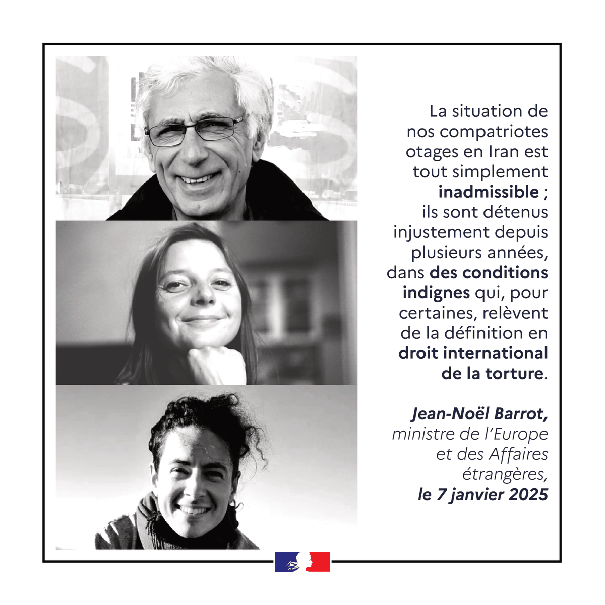 #Iran | Nos compatriotes Jacques Paris, Cécile Kohler et Olivier Grondeau sont détenus injustement en Iran dans des conditions indignes. La France exige leur libération.
