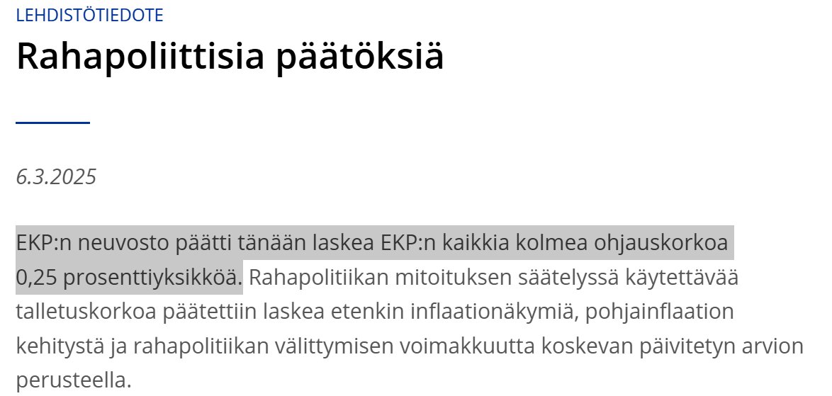 EKP laski odotetusti keskuspankkikorkoja 0,25 %-yksiköllä.  EKP sanoi tiedotteessaan, että
"Rahapolitiikka on lievenemässä merkittävästi, sillä koronlaskut tekevät yritysten ja kotitalouksien lainanotosta edullisempaa ja lainanannon kasvu kohenee."
Hieman haukkamainen kommentti.