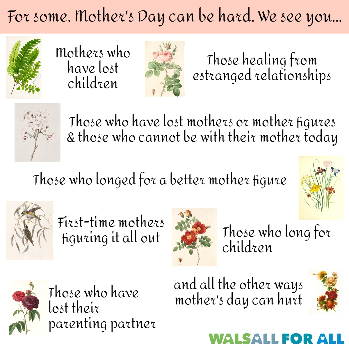 walsallforall's tweet image. For some, Mother’s Day can be very difficult. To anyone struggling today, we see you and if you need it, please reach out for support: blackcountryhealthcare.nhs.uk/help-advice/ne… #WalsallForAll