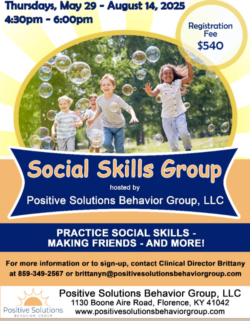 PSBG NKY is hosting a Social Skills Group this summer on Thursdays, May 29 - August 14!

For more information or to sign up, call 859-349-2567 or email Clinical Director Brittany at BrittanyN@positivesolutionsbehaviorgroup.com.