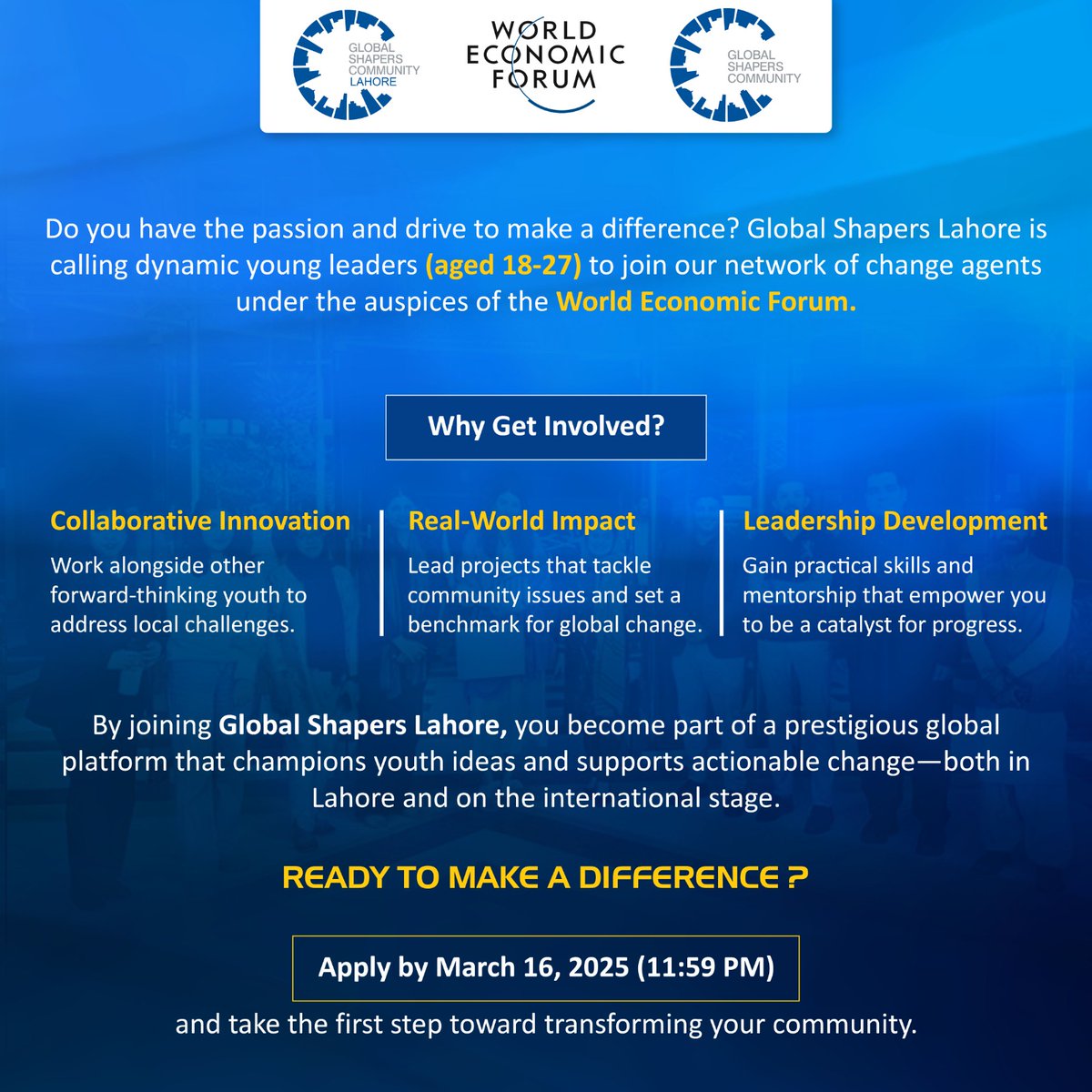 Are you between 18 and 27 and eager to make a difference in your community? 

Application Deadline: March 16, 2025 (11:59 PM)
Apply now: forms.gle/FLEwXbKvQgFzFQ…

#GlobalShapers #GlobalShapersLahore #WorldEconomicForum #WEF #Lahore