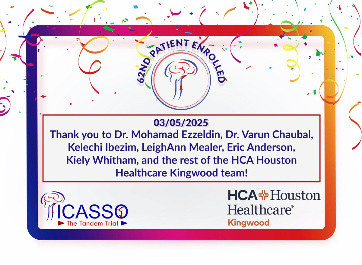 PICASSO Clinical Trial (@thepicassotrial) on Twitter photo Huge congrats to Dr. <a href="/EzzeldinMohamad/">mohamad ezzeldin</a>, Dr. <a href="/VarunChaubalMD/">Varun P Chaubal</a>, and the rest of the <a href="/HCAhealthcare/">HCA Healthcare</a> Houston Kingwood tram for enrolling the 62nd patient in the PICASSO Trial! ππ₯³
<a href="/oozaidat/">Osama Zaidat MD</a> <a href="/NguyenThanhMD/">Thanh Nguyen πΊπ¦</a> <a href="/samialkasab/">Sami Al Kasab</a> Huge congrats to Dr. <a href="/EzzeldinMohamad/">mohamad ezzeldin</a>, Dr. <a href="/VarunChaubalMD/">Varun P Chaubal</a>, and the rest of the <a href="/HCAhealthcare/">HCA Healthcare</a> Houston Kingwood tram for enrolling the 62nd patient in the PICASSO Trial! ππ₯³
<a href="/oozaidat/">Osama Zaidat MD</a> <a href="/NguyenThanhMD/">Thanh Nguyen πΊπ¦</a> <a href="/samialkasab/">Sami Al Kasab</a>