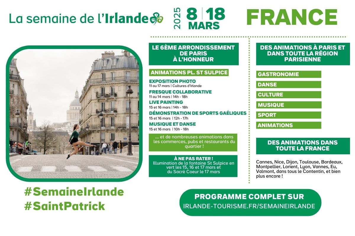 La Semaine de l'Irlande est de retour à Paris et dans toute la France pour la Saint-Patrick ! ☘️
Musique, danse irlandaise, gastronomie, concerts, cinéma et bien plus encore... 🎶🍲🎻🎬
Découvrez le programme complet 👉 irlande-tourisme.fr/SemaineIrlande