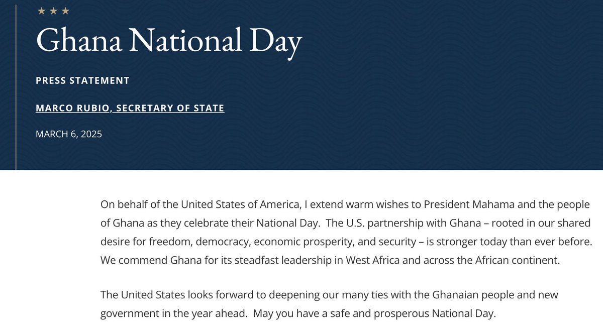 USEmbassyGhana's tweet image. On behalf of the United States of America, I extend warm wishes to President Mahama and the people of Ghana as they celebrate their National Day.  The U.S. partnership with Ghana – rooted in our shared desire for freedom, democracy, economic prosperity, and security – is stronger…