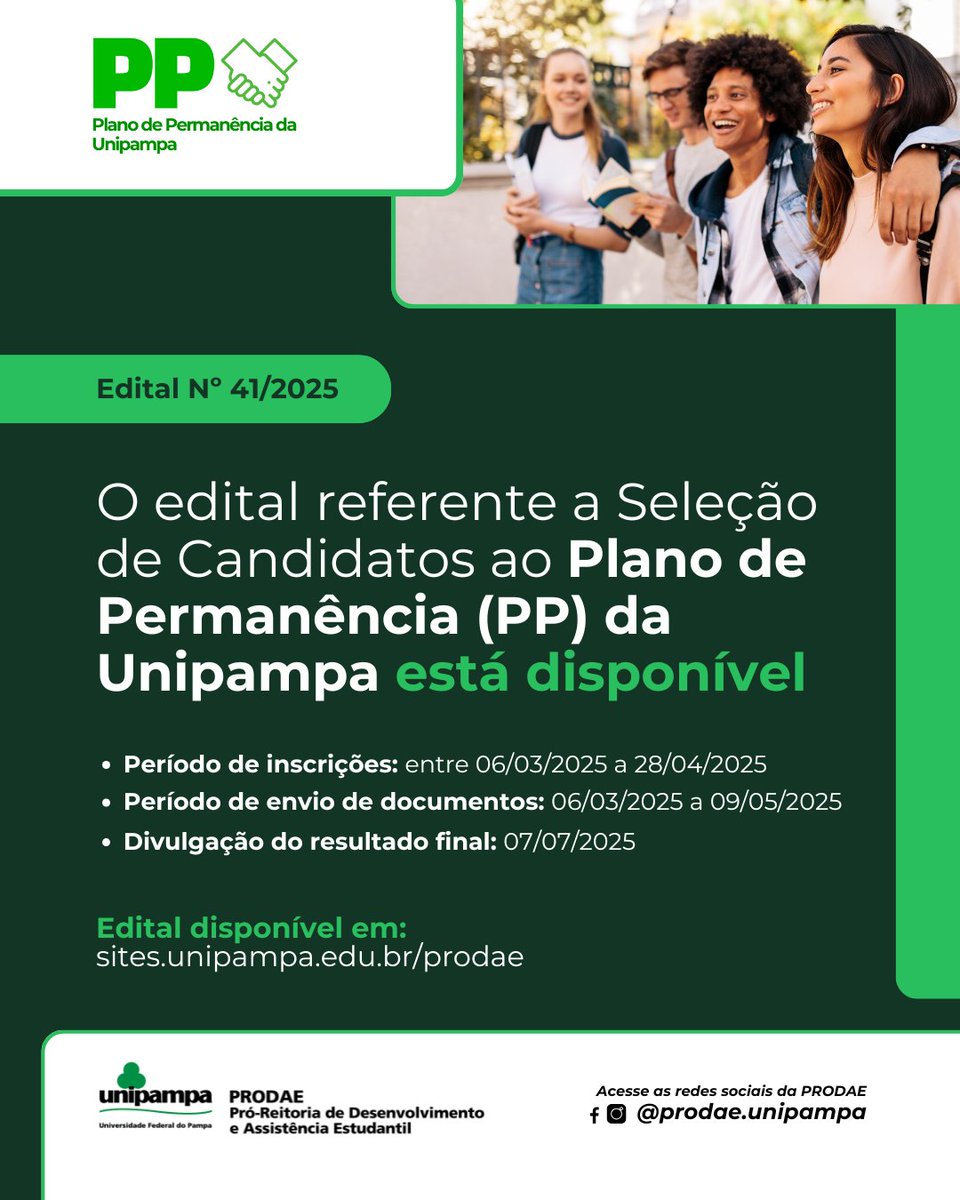 Seguem abertas até 28/04 as inscrições para o Plano de Permanência 2025!

✅ O valor de cada um dos auxílios e mais detalhes sobre cada modalidade está disponível no Edital nº 41/2025.

➡️ Saiba mais em: mla.bs/df2ecda5
