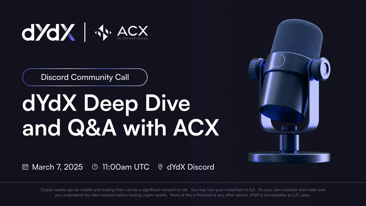 Join us on Discord tomorrow for a discussion with ACX as we talk about all things dYdX!

🗓️ March 7, 2025.
⏰ 11:00am UTC

Tune in hear all the latest and get an opportunity to win a share of $300 by asking questions during the webinar 🤝

➡️ discord.gg/mMM5k4usaD