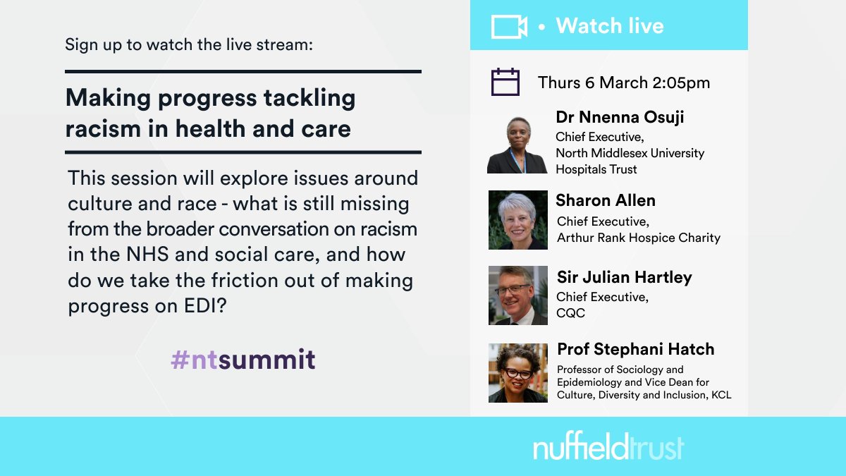Our Summit session on anti-racism in health and care will begin shortly. #NTSummit

Structural racism remains deeply embedded in the NHS and social care, shaping patient and staff experiences. What’s preventing lasting change?    

Tune in now: buff.ly/3EMgXuR